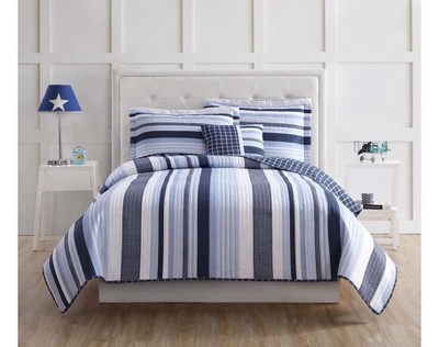Blue Striped Twin Microfiber Reversible Comforter Set