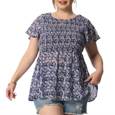 Agnes Orinda Women's Plus Size Ruffle Sleeve Smock Waist Ditsy Floral Peplum Chiffon Casual Blouses
