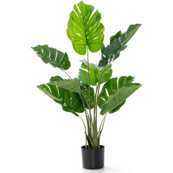 Tangkula Set of 1/2 Artificial Monstera Deliciosa 4FT Fake Tropical Palm Tree Large Faux Floor Plant in Pot with 10 Leaves of Different Sizes