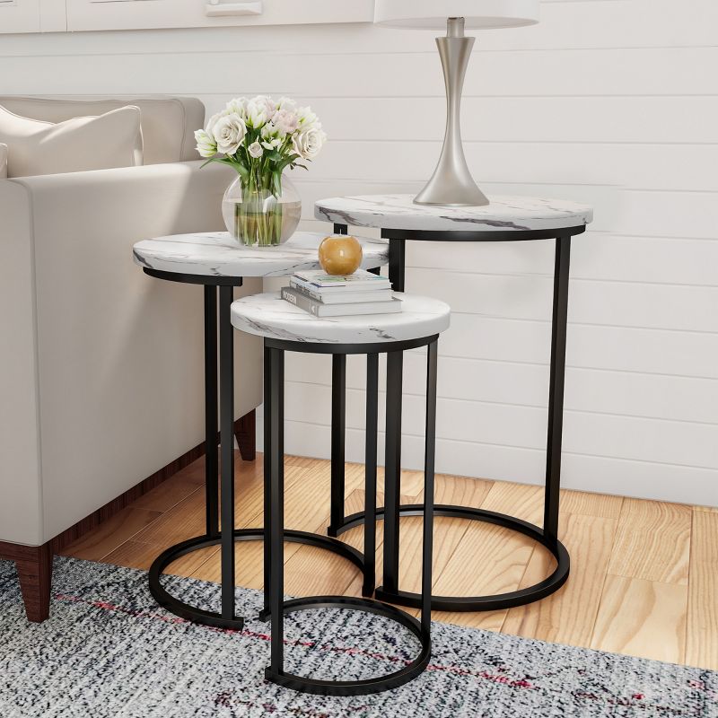 Hasting Home Set of 3 Round Living Room End Tables – Modern Faux Marble Top and Black Metal Base Nesting Tables or Nightstands, 1 of 9