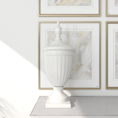 26" White Ceramic Tall Fluted Urn Vase with Lid