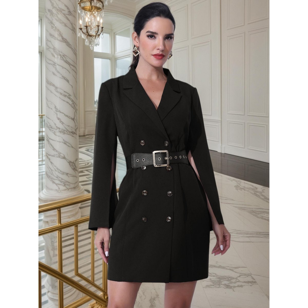 Женские платья INSPIRE CHIC Women's Elegant Slit Sleeve Belted Double Breasted Work Office Blazer Dresses Small Black — фото 2