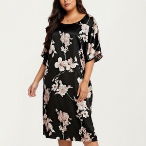 Anna-Kaci Lounge Women's PLus Size Satin Nightgown with Allover Floral Print Relaxed Fit Scoop Neckline and Flowing Short Sleeves - 1 of 4