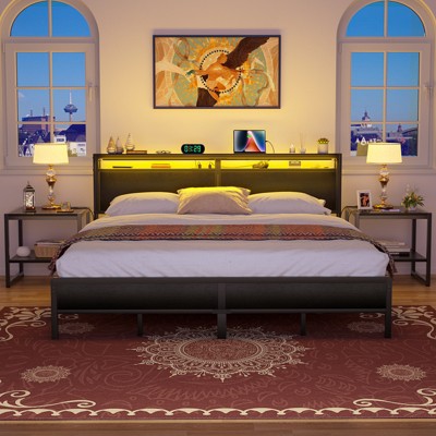 Aheaplus Platform Bed Frame with Charged Station and LED Lights