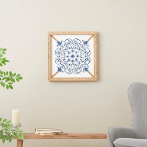 Olivia & May 20"x20" Wood Floral Relief Wall Decor with Brown Woven Seagrass Frame and White Backing Blue: Modern Botanical Art - 1 of 4