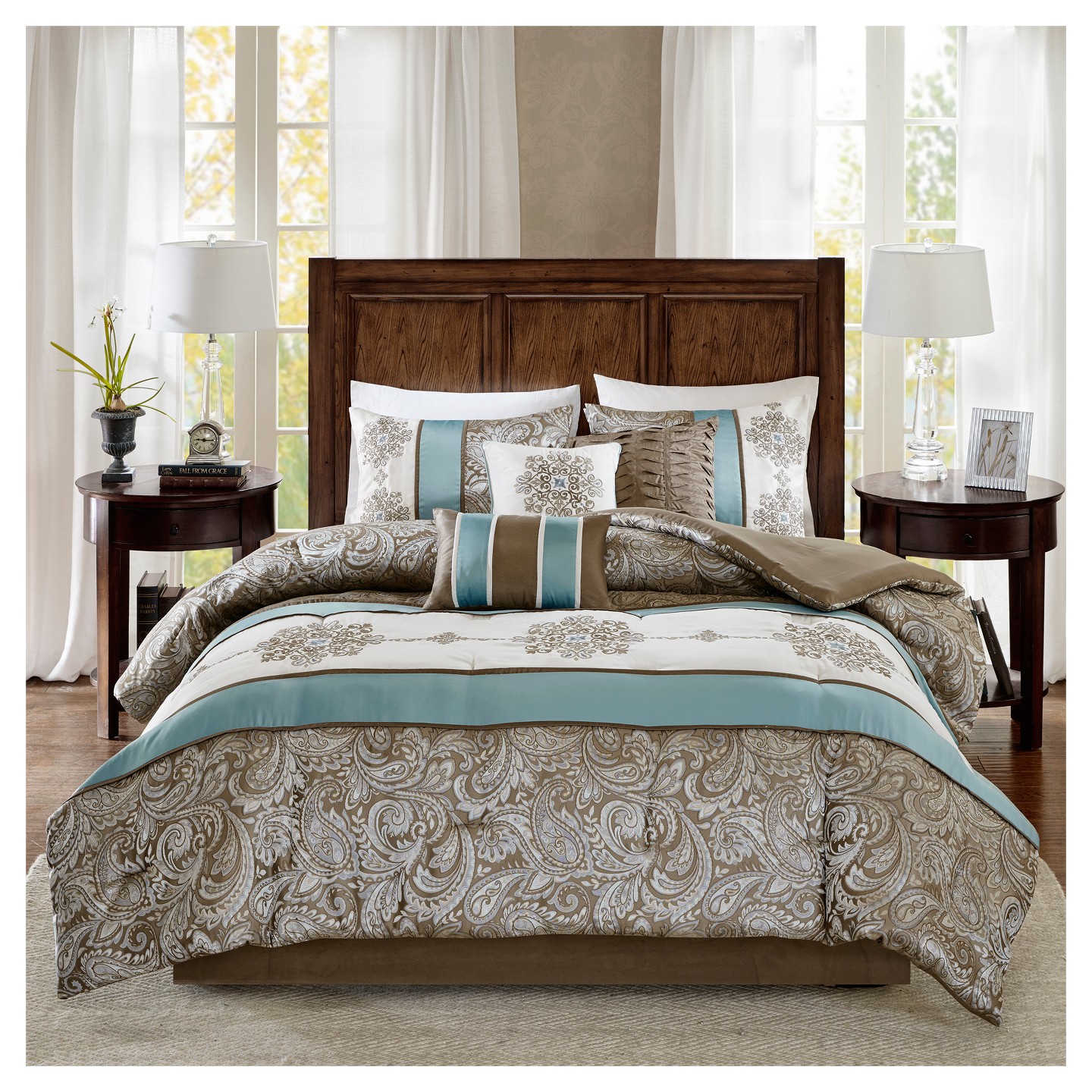Комплект с одеялом Madison Park Blue Sharon Jacquard Comforter Set King 7pc: Traditional Bedding, Midweight Polyester, Includes Shams & Decorative Pillows, цвет: Синий — фото 2