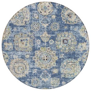 Navy Blue And Beige Floral Washable Indoor Outdoor Area Rug - 1 of 4