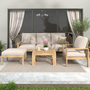 FIONECA 4-Piece Outdoor Acacia Wood Sectional Sofa Set with Cushions - 1 of 4
