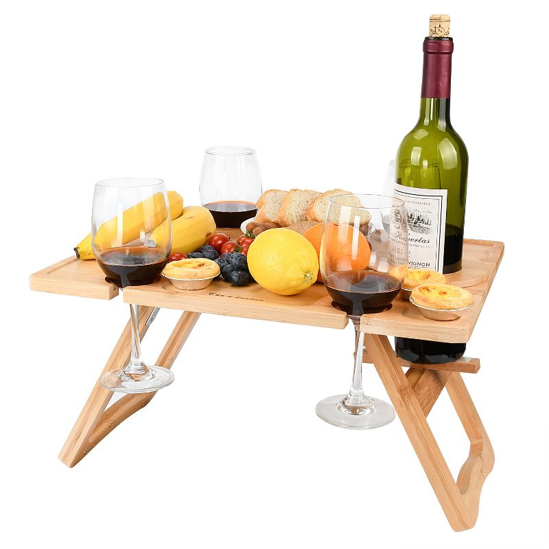 Tirrinia Bamboo Wine Picnic Table, Ideal Wine Lover Gift, Large Folding Portable Outdoor Snack & Cheese Tray for Concerts at Park, Beach, 1 of 10