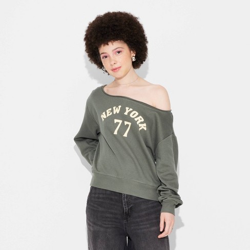 Women s Off The Shoulder Nyc Graphic Sweatshirt Olive Green Target