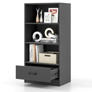 Costway 4-Tier Bookcase 48'' Display Bookshelf Storage Organizer with Shelves & Drawer Grey/White/Natural