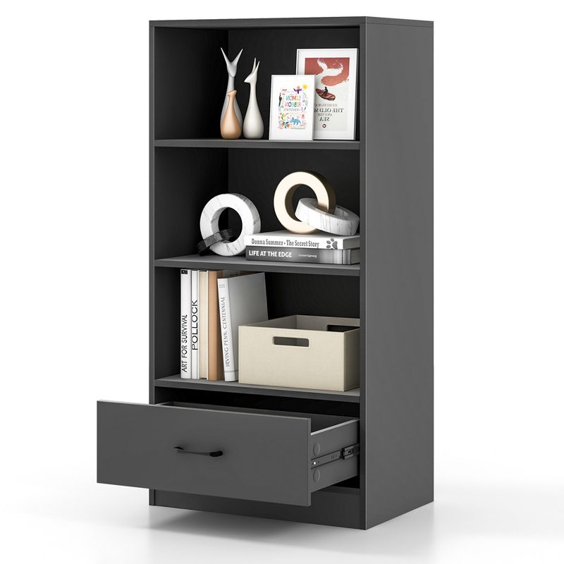 Costway 4-Tier Bookcase 48'' Display Bookshelf Storage Organizer with Shelves & Drawer Grey/White/Natural, 1 of 11