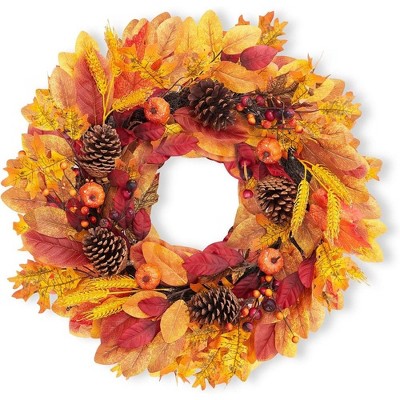24 Inch Fall Wreath for Front Door, Autumn Artificial Wreath with Pumpkins, Maple Leaves, Berries