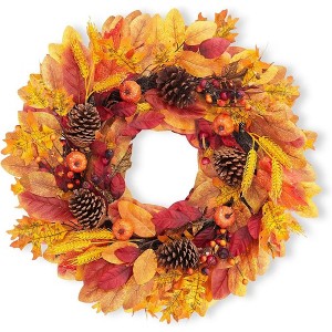 24 Inch Fall Wreath for Front Door, Autumn Artificial Wreath with Pumpkins, Maple Leaves, Berries - 1 of 4