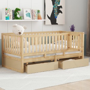 Twin Size Wood Daybed with Fence Guardrails and 2 Drawers for Bedroom or Guest Room - 1 of 4