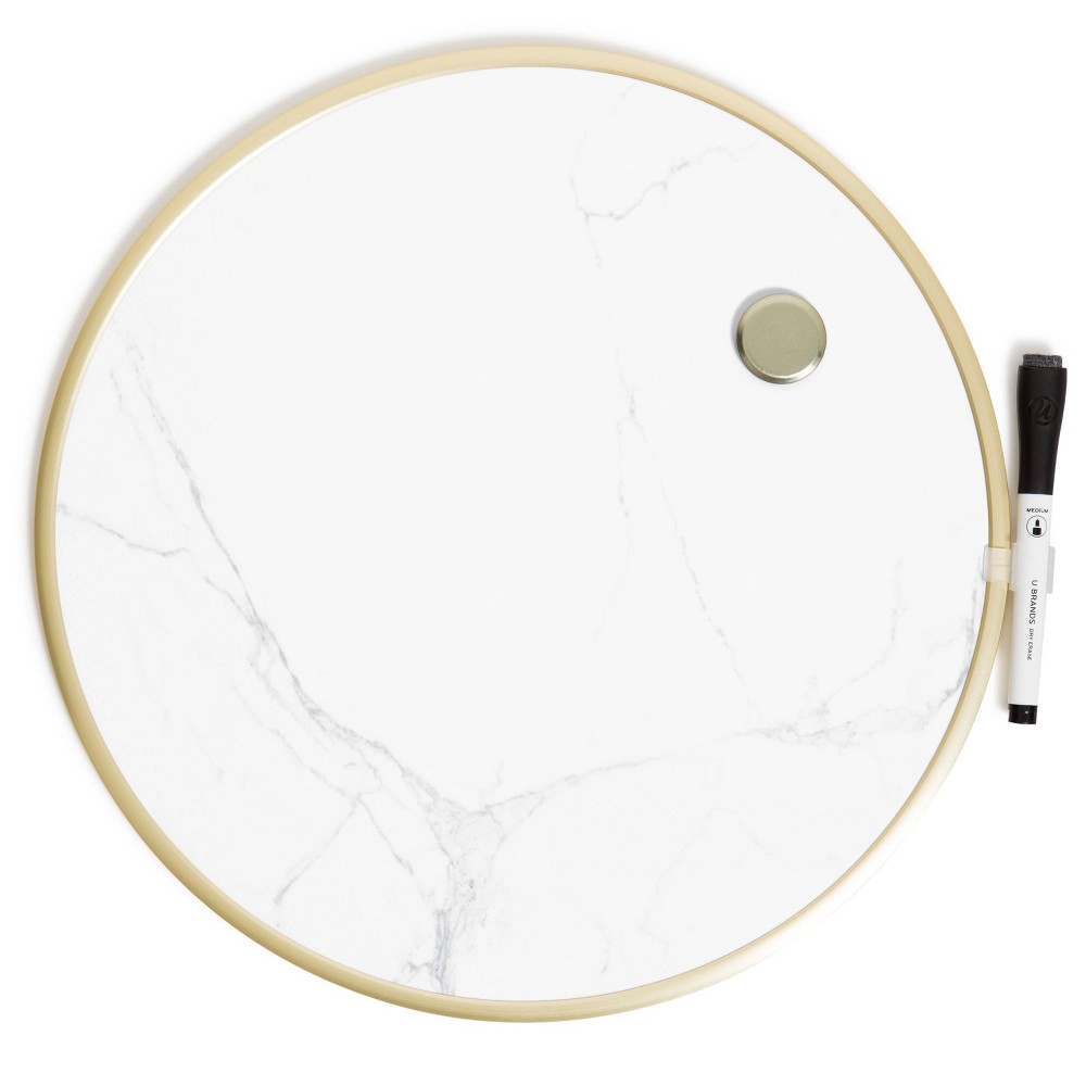 u brands 14" round dry erase board with gold frame and marble print