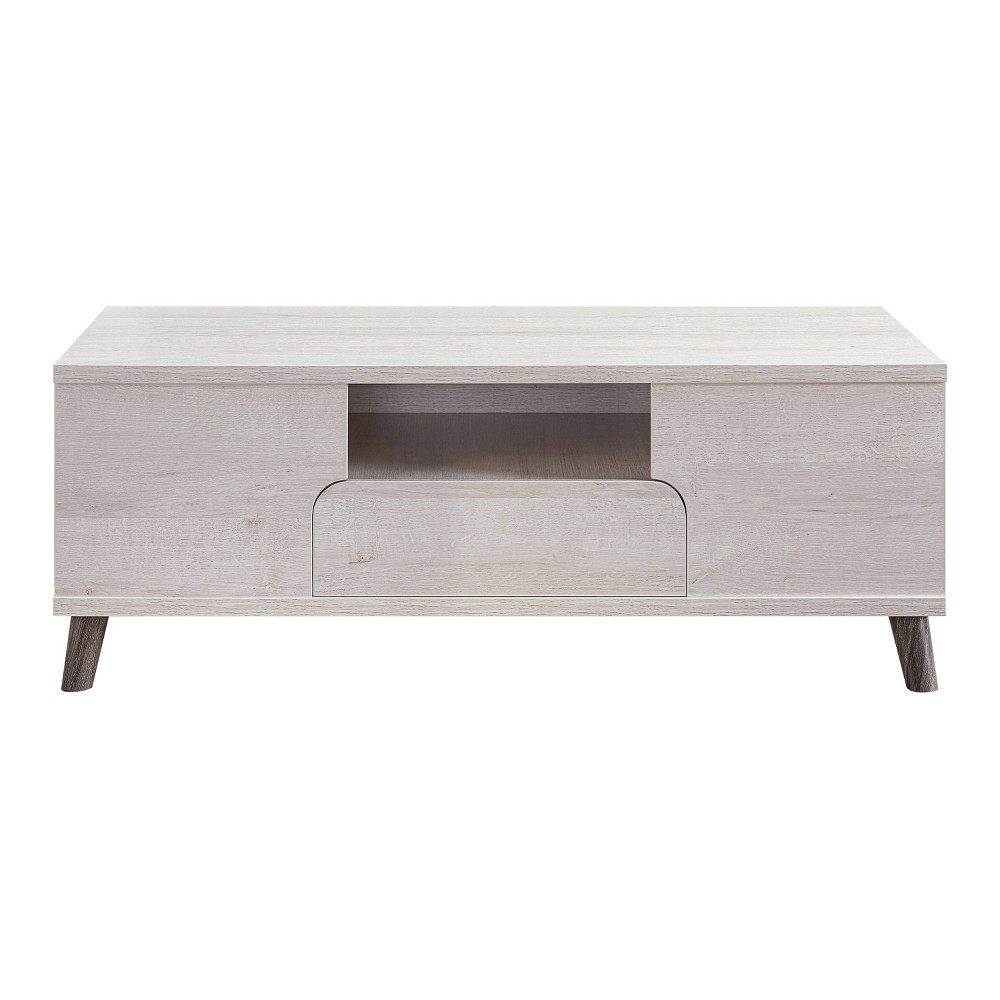Frelmer 1 Drawer Coffee Table White Oak/Distressed Gray - miBasics: Mid-Century Modern, Metal Hardware, Fixed Shelf