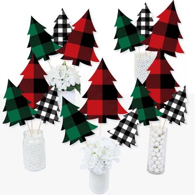 Big Dot of Happiness Holiday Plaid Trees - Buffalo Plaid Christmas Party Centerpiece Sticks - Table Toppers - Set of 15