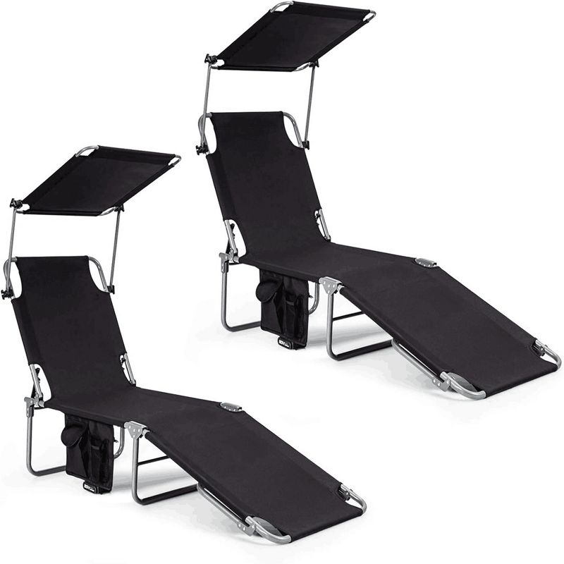 Costway 2 PCS Foldable Sun Shading Lounge Chair Adjustable Beach Sunbathing Recliner Black, 1 of 11