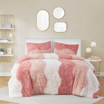 Sapphtopaz 2 PCS/3 PCS Ombre Shaggy Faux Fur Duvet Cover Set,Bed Set with 1 Duvet Cover,1 Sham,Bedding Set Machine Washable,Pink