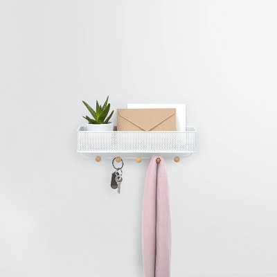 White Steel Wall Organizer with Wooden Knob Hooks