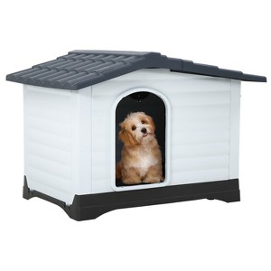 FDW 26 Inch Dog House Durable Waterproof Plastic Outdoor Indoor Doghouse with Elevated Floor Air Vents Easy Clean and Assemble, Blue - 1 of 4
