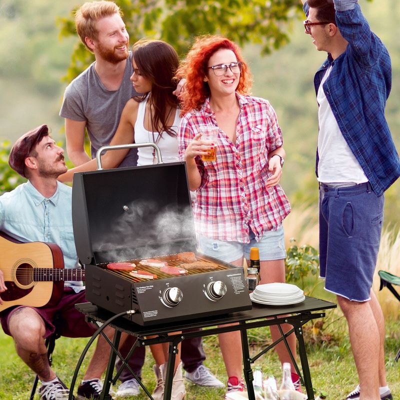 Outsunny 2 Burner Propane Gas Grill Outdoor Portable Tabletop BBQ with Foldable Legs, Lid, Thermometer for Camping, Picnic, Backyard, 3 of 7