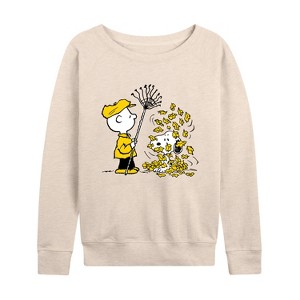 Women's - Peanuts - Charlie Brown Snoopy Fall Leaves Lightweight French Terry Wide Neck Long Sleeve Shirt - 1 of 4