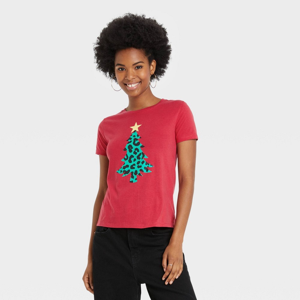 Women's Christmas Tree Leopard Print Logo Short Sleeve Graphic T-Shirt - Red Sizes XS-M-L-XL -XXL 