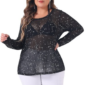 Agnes Orinda Women's Plus Size Sheer Mesh See-Through Long Sleeve Crew Neck Tee Blouse - 1 of 4