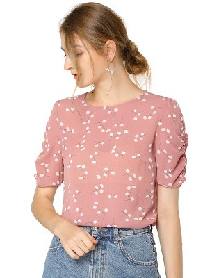INSPIRE CHIC Women's Floral Summer Crew Neck Casual Shirred Short Sleeve Blouse
