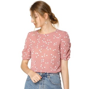INSPIRE CHIC Women's Floral Summer Crew Neck Casual Shirred Short Sleeve Blouse - 1 of 4
