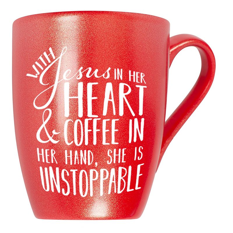 Elanze Designs Jesus In Her Heart And Coffee She Is Unstoppable Crimson Red 10 ounce New Bone China Coffee Cup Mug, 1 of 2