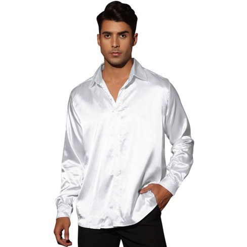 BUYISI Mens Satin Silk Dress Shirt Long Sleeve Casual Button Down Shirts  Wedding Party White XL