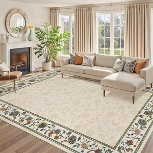 Washable Floral Kitchen Rug, Non-Slip, Low Pile Geometric Bordered Mat for Hallway, Bathroom, Entryway, Soft Non-Shed - 1 of 4