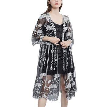Anna-Kaci Women's Contrast Stitching Embroidered Midi Sleeve Lace Duster Cardigan- One Size Fits Most,Black