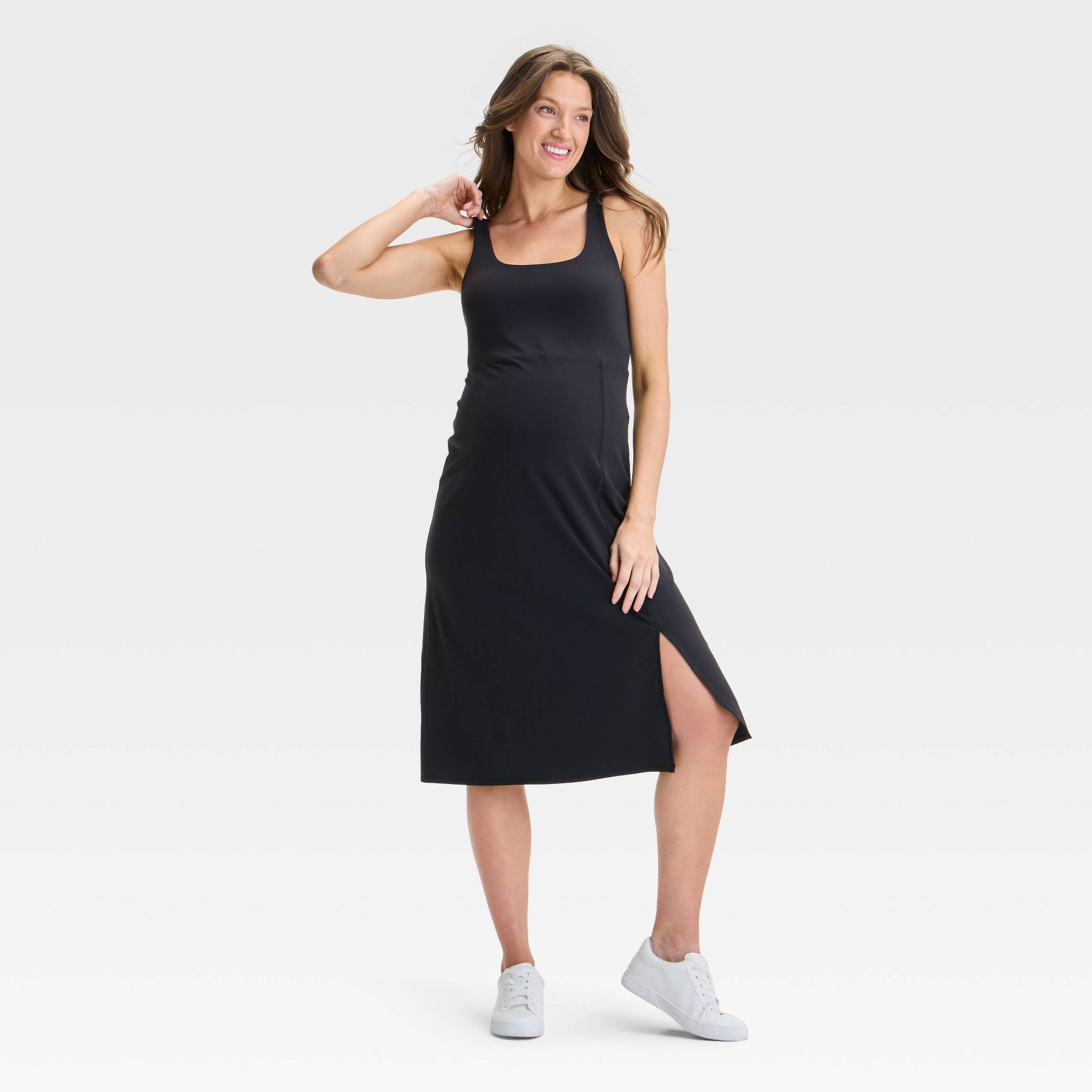 Slit Active Midi Maternity Dress - Isabel Maternity by Ingrid & Isabel™ Black XXL: Sleeveless Scoopneck, Empire Waist, Lightweight Pullover