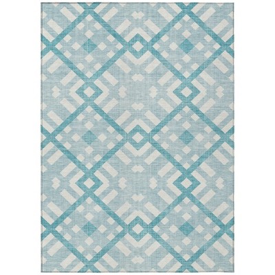 Teal Blue Aqua And Ivory Geometric Washable Indoor Outdoor Area Rug