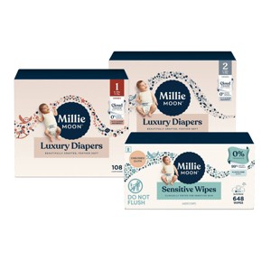 Millie Moon 96 Count/Size 2 Luxury Disposable Diapers + 108 Count/Size 1 Luxury Disposable Diapers + 648 Count Sensitive Baby Wipes - 1 of 4