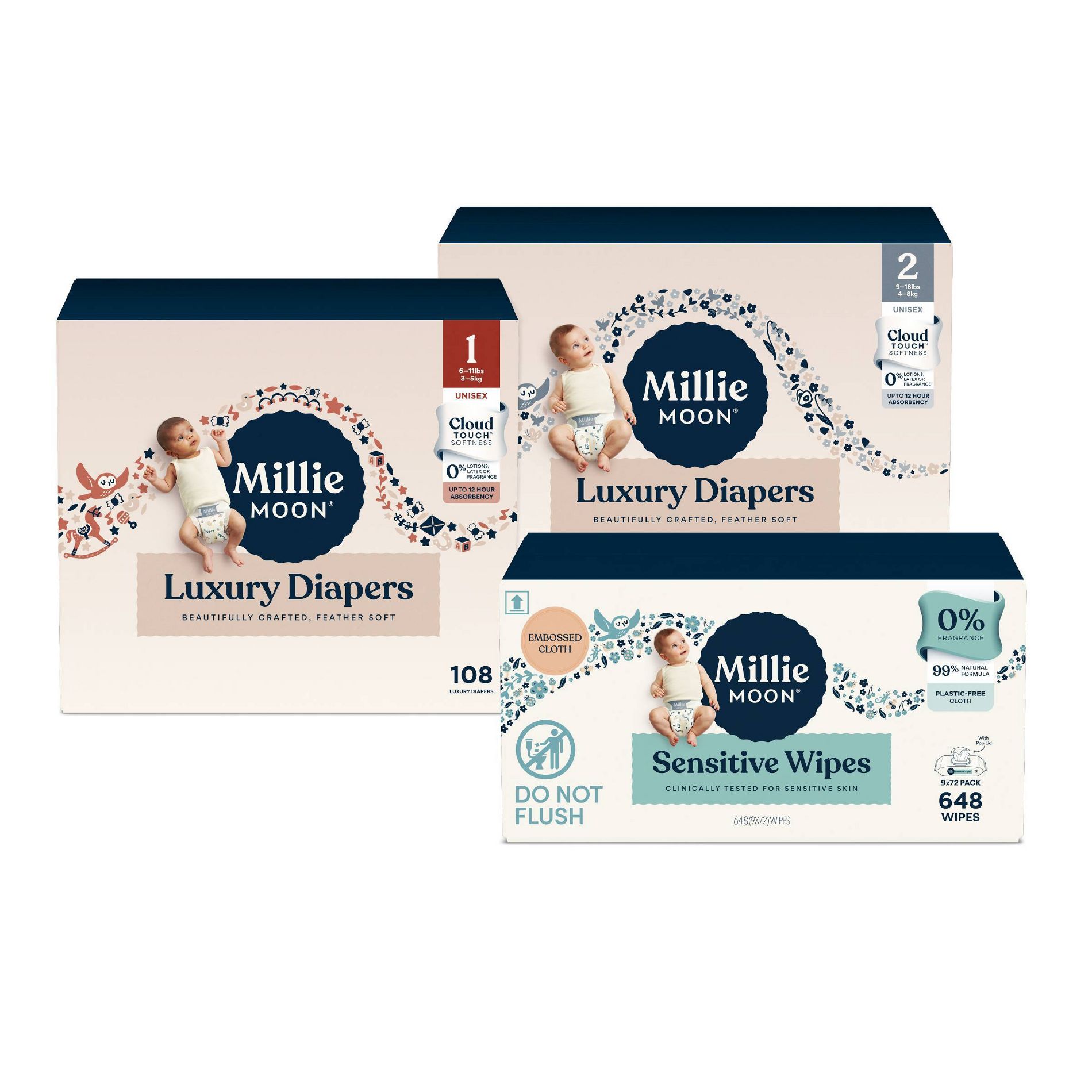 Millie Moon 96 Count/Size 2 Luxury Disposable Diapers + 108 Count/Size 1 Luxury Disposable Diapers + 648 Count Sensitive Baby Wipes