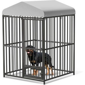 Outdoor Dog Kennel, Heavy-Duty Metal Dog Cage with Rotating Feeding Bowl, Waterproof Roof & Lockable Door, Weatherproof Indoor/Outdoor Use - 1 of 4