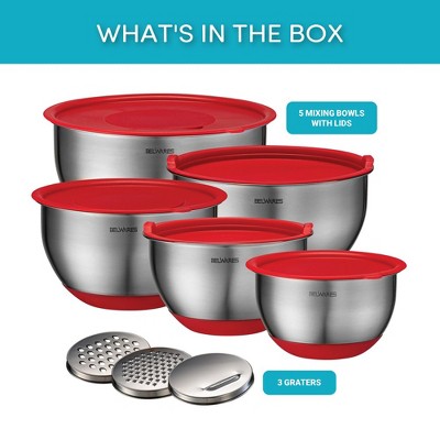 Mixing Bowls with Lids Set - Nesting Bowls with Airtight Lids + Graters - Stainless Steel Non-Slip Mixing Bowl for Baking, (Red, 5-Piece Set)