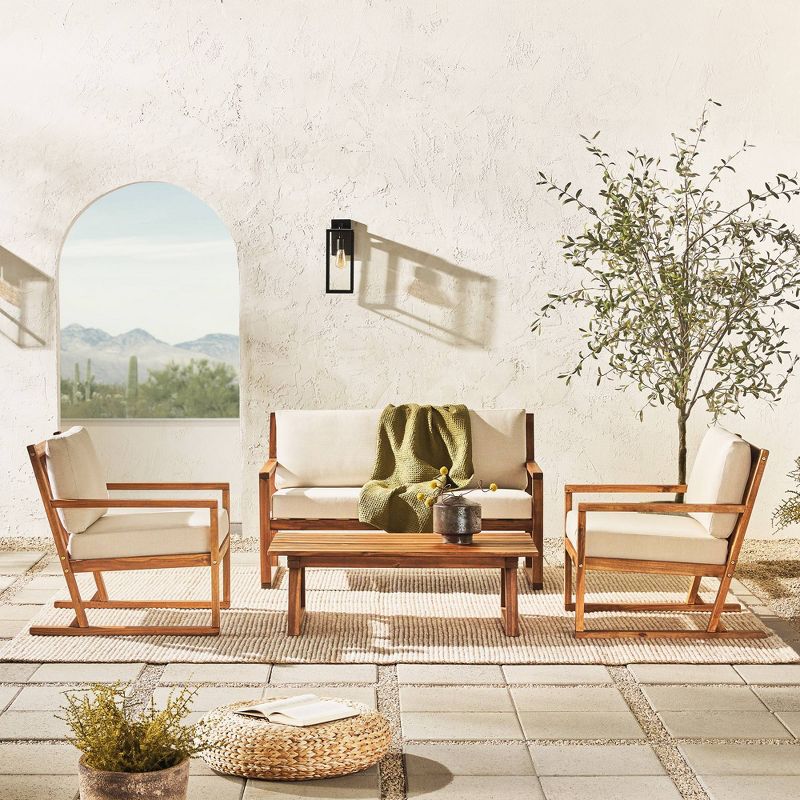 Saracina Home 4pc Modern Slat-Back Acacia Outdoor Conversation Set with Cushions 
, 4 of 10