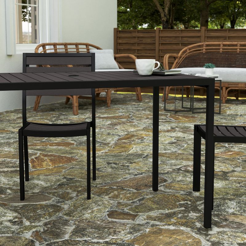 Merrick Lane Outdoor Dining Table with Faux Teak Poly Slat Top and Powder Coated Steel Frame, 4 of 11