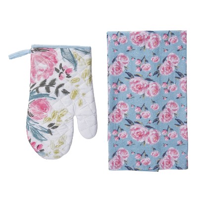 Transpac Cotton 10 in. Floral Mitt and Tea Towel Set of 2