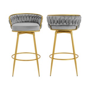 TiramisuBest Set of 2,31" Swivel Bar Stools, Hand-Woven Backrest with Gold Metal Legs, Upholstered Counter Chairs with Footrest for Kitchen(Blue) - 1 of 4