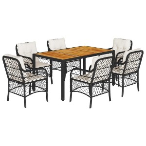 vidaXL 7 Piece Patio Dining Set - Black Poly Rattan - Cushioned Chairs, Acacia Wood Table - Outdoor/Garden/Courtyard Furniture - 1 of 4