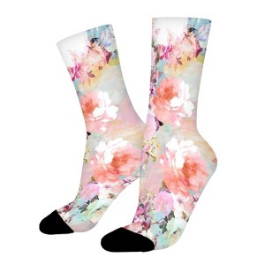 Romantic Pink Teal Watercolor Floral Women Printed Crew Socks Funny Funky Socks Soft Polyester Novelty Gifts for Artists Men - 1 of 1