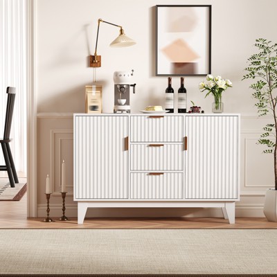 47" Sideboard Buffet Cabinet, Fluted Coffee Bar Cabinet with 3 Drawers and Adjustable Shelves, Media TV Console Table, Kitchen Pantry Cabinet
