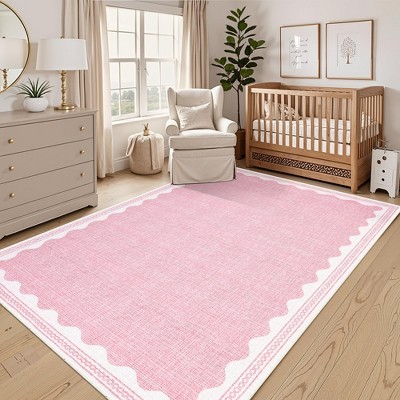 Scalloped Washable Rug w/ Non-Slip Back - Modern Low-Pile Carpet for Living Room, Bedroom